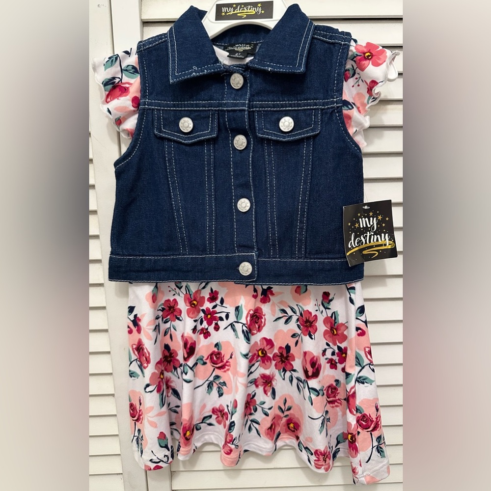 NWT My Destiny Floral Dress with Denim Vest Size 2T